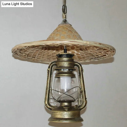 Rustic Kerosene Pendant Light with Clear Glass and Coolie Hat Deco - Black/Bronze/Copper Finish