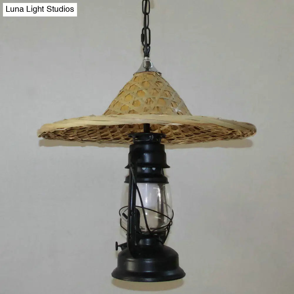 Rustic Kerosene Pendant Light with Clear Glass and Coolie Hat Deco - Black/Bronze/Copper Finish