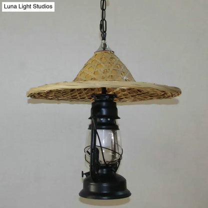 Rustic Kerosene Pendant Light with Clear Glass and Coolie Hat Deco - Black/Bronze/Copper Finish