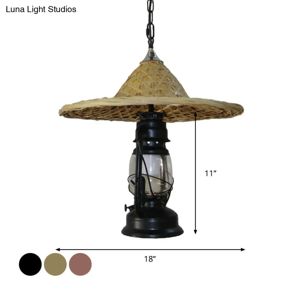 Rustic Kerosene Pendant Light with Clear Glass and Coolie Hat Deco - Black/Bronze/Copper Finish