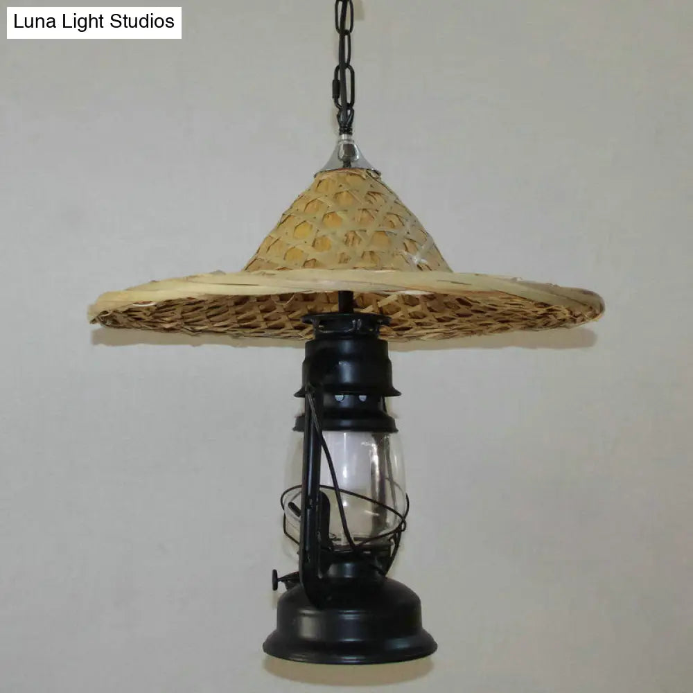 Rustic Kerosene Pendant Light with Clear Glass and Coolie Hat Deco - Black/Bronze/Copper Finish