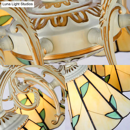 Rustic Leaf Chandelier Lamp with Curved Arm - Beige Glass - 3/5/6/8 Lights - Ideal for Living Rooms