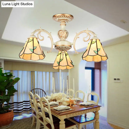 Rustic Leaf Chandelier Lamp with Curved Arm - Beige Glass - 3/5/6/8 Lights - Ideal for Living Rooms