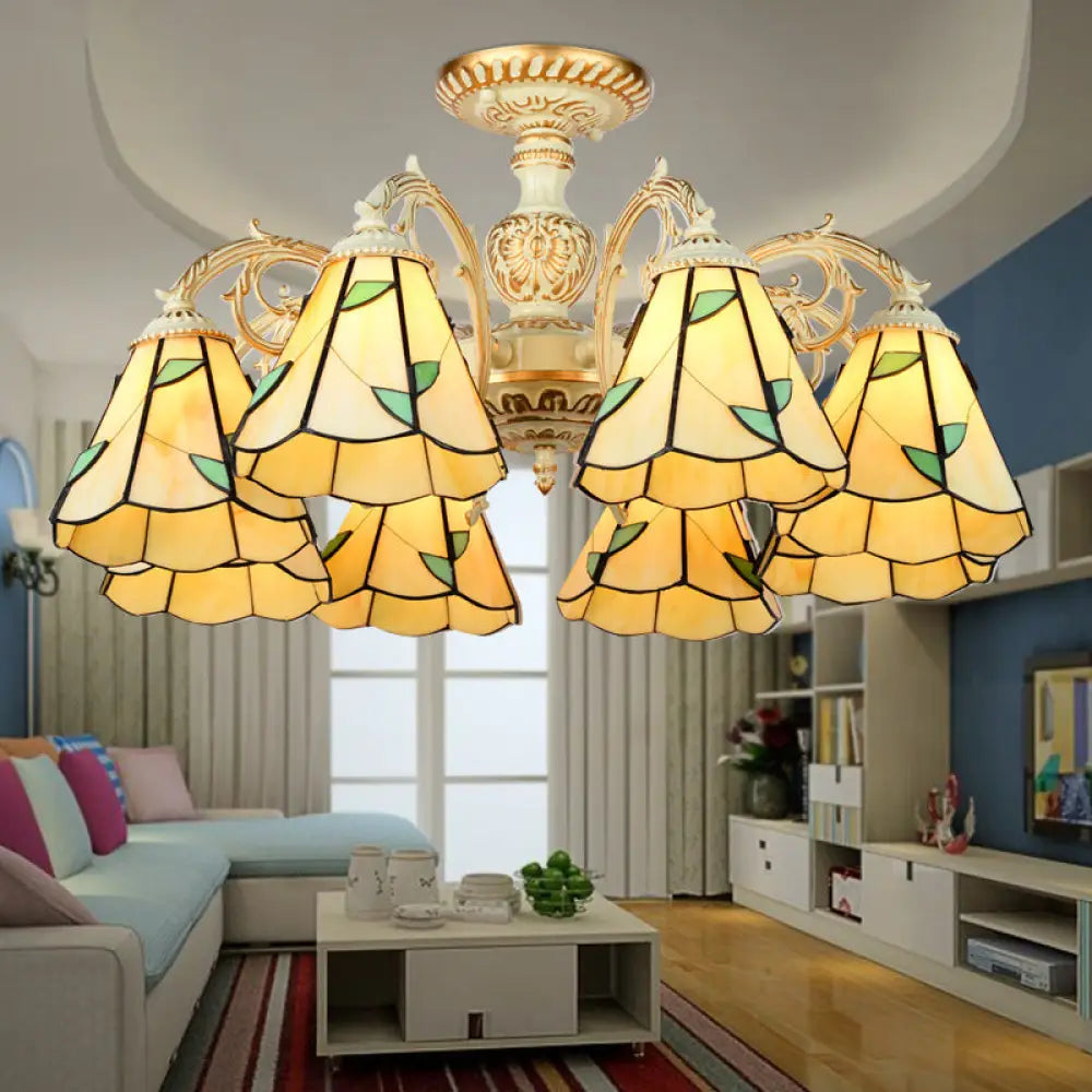 Rustic Leaf Chandelier Lamp with Curved Arm - Beige Glass - 3/5/6/8 Lights - Ideal for Living Rooms