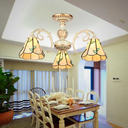 Rustic Leaf Chandelier Lamp with Curved Arm - Beige Glass - 3/5/6/8 Lights - Ideal for Living Rooms