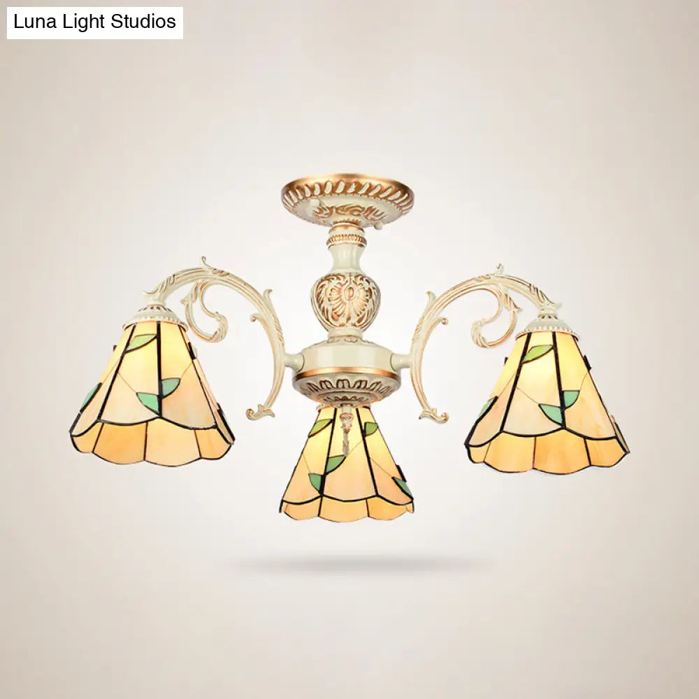 Rustic Leaf Chandelier Lamp with Curved Arm - Beige Glass - 3/5/6/8 Lights - Ideal for Living Rooms