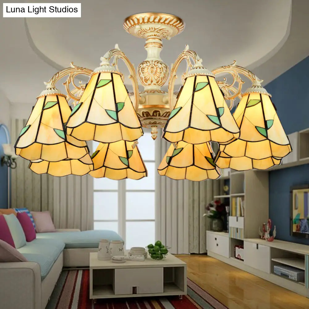 Rustic Leaf Chandelier Lamp with Curved Arm - Beige Glass - 3/5/6/8 Lights - Ideal for Living Rooms