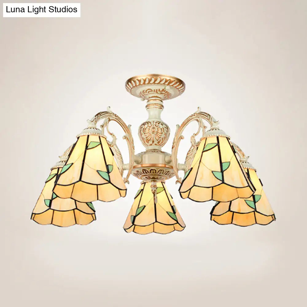 Rustic Leaf Chandelier Lamp with Curved Arm - Beige Glass - 3/5/6/8 Lights - Ideal for Living Rooms