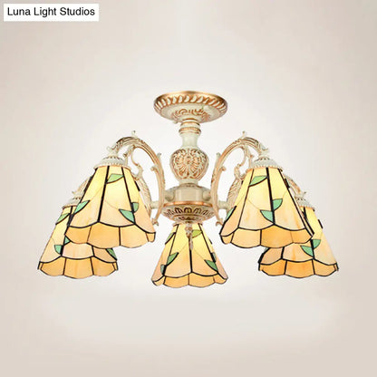 Rustic Leaf Chandelier Lamp with Curved Arm - Beige Glass - 3/5/6/8 Lights - Ideal for Living Rooms