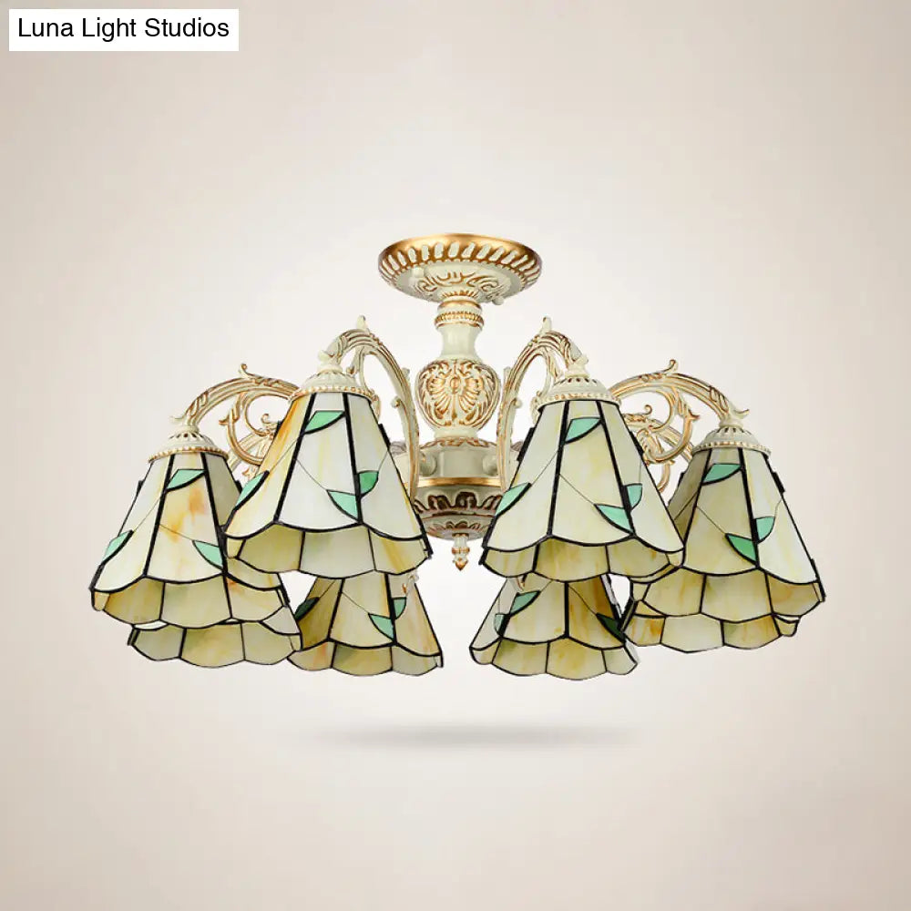 Rustic Leaf Chandelier Lamp with Curved Arm - Beige Glass - 3/5/6/8 Lights - Ideal for Living Rooms