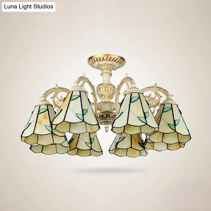 Rustic Leaf Chandelier Lamp with Curved Arm - Beige Glass - 3/5/6/8 Lights - Ideal for Living Rooms