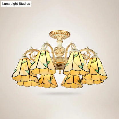 Rustic Leaf Chandelier Lamp with Curved Arm - Beige Glass - 3/5/6/8 Lights - Ideal for Living Rooms