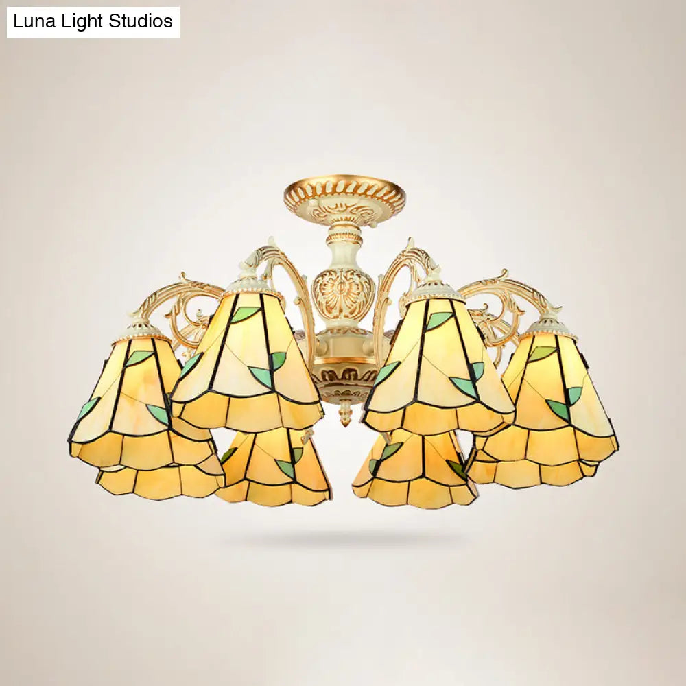 Rustic Leaf Chandelier Lamp with Curved Arm - Beige Glass - 3/5/6/8 Lights - Ideal for Living Rooms