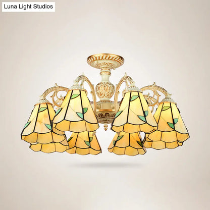 Rustic Leaf Chandelier Lamp with Curved Arm - Beige Glass - 3/5/6/8 Lights - Ideal for Living Rooms