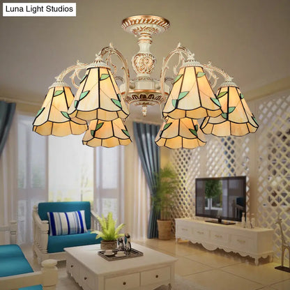 Rustic Leaf Chandelier Lamp with Curved Arm - Beige Glass - 3/5/6/8 Lights - Ideal for Living Rooms