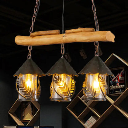 Decorbites rustic 3-head wooden beam pendant lamp with leaf-etched glass lanterns warm yellow glow 220v-240v led fluorescent lighting