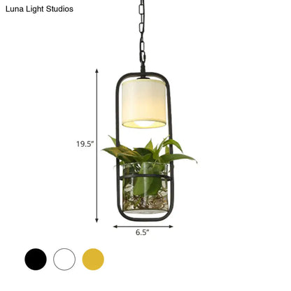 Rustic LED Pendant Light Fixture in Cylinder Shape, Black/White/Gold Fabric, Warm/White Light with Plant Cup