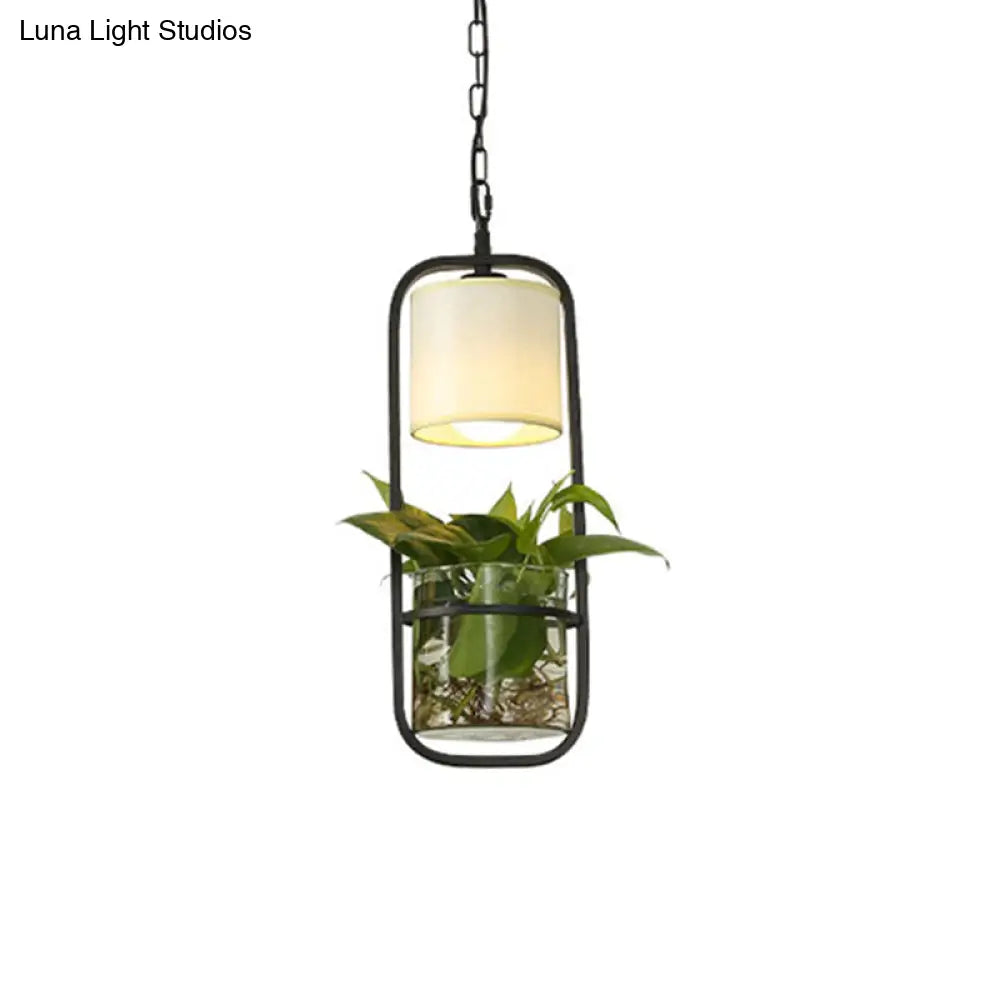 Rustic LED Pendant Light Fixture in Cylinder Shape, Black/White/Gold Fabric, Warm/White Light with Plant Cup