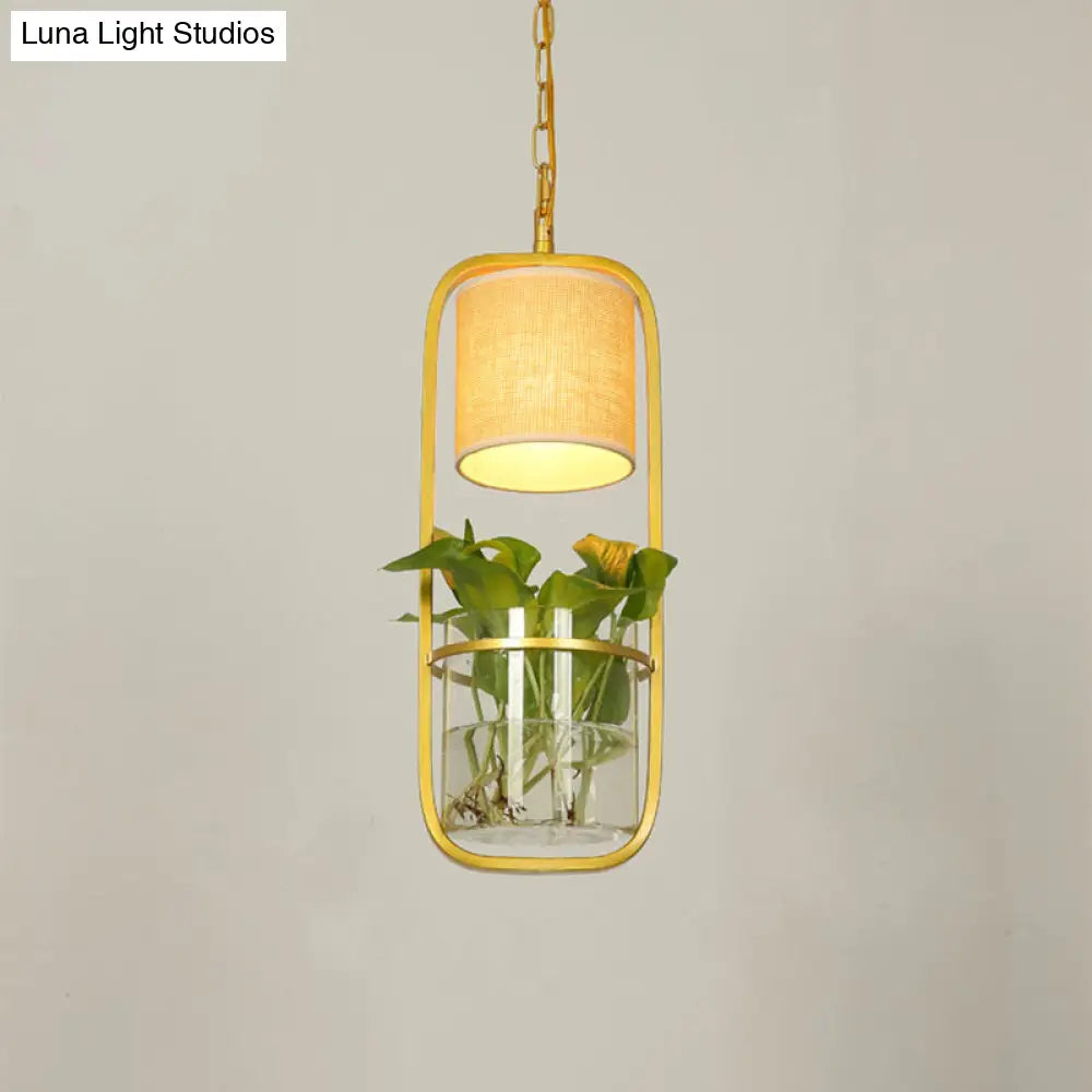 Rustic LED Pendant Light Fixture in Cylinder Shape, Black/White/Gold Fabric, Warm/White Light with Plant Cup