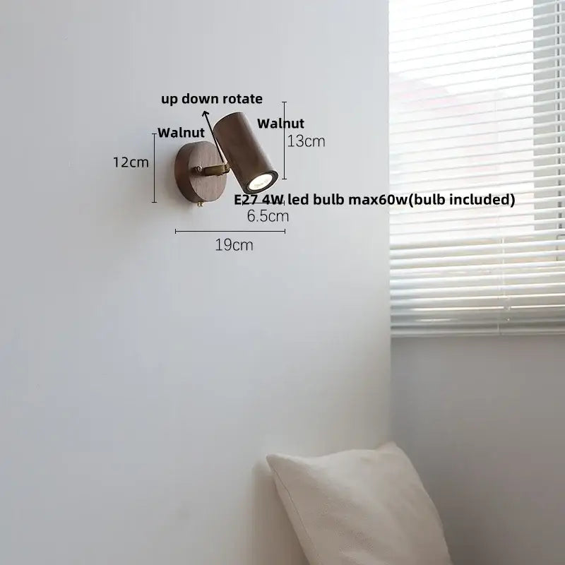 Rustic led walnut wood wall sconce with walnut-finished adjustable spotlight and pull chain for bedroom decorbites led walnut wall