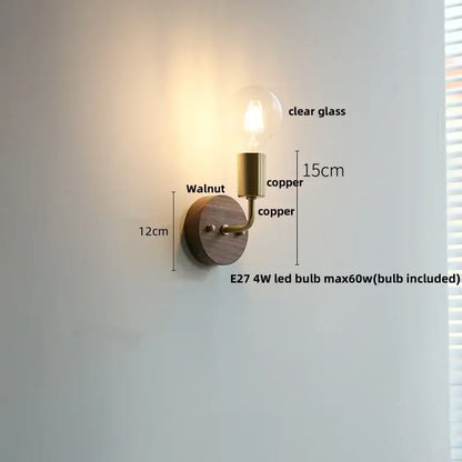 Rustic led walnut wood wall sconce with walnut base copper arm and clear bulb for bedroom decorbites led walnut lighting