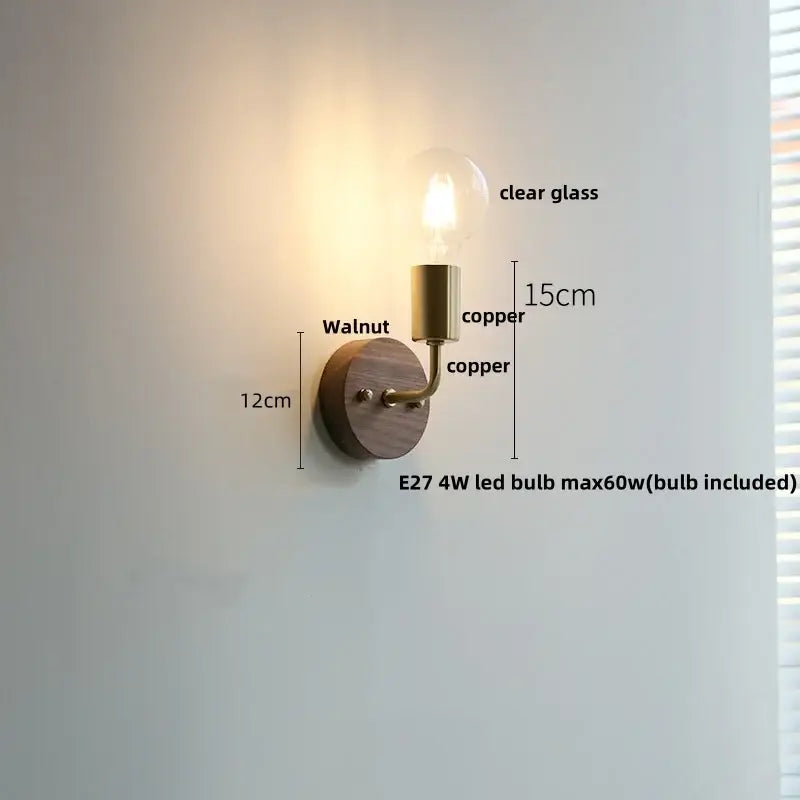 Rustic led walnut wood wall sconce with walnut base copper arm and clear bulb for bedroom decorbites led walnut lighting