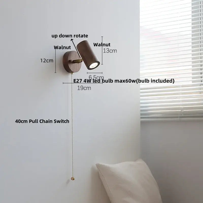 Rustic led walnut wood wall sconce with walnut finish adjustable spotlight and 40cm pull chain switch for bedroom decorbites led walnut