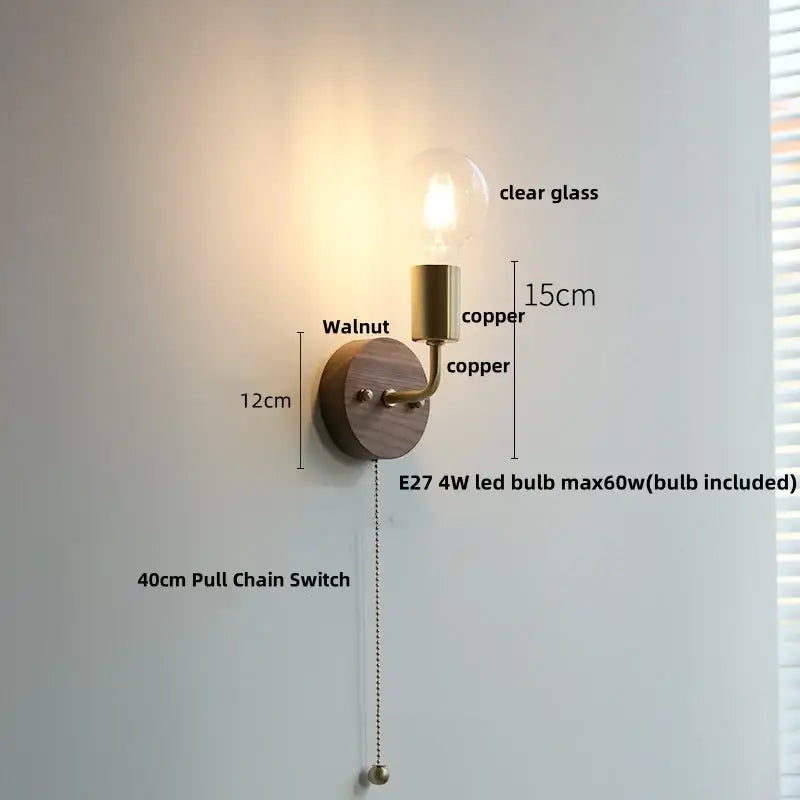 Rustic led walnut wood wall sconce with walnut finish copper accents and clear glass bulb for bedroom decorbites led walnut