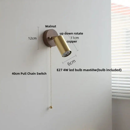 Copper-finished adjustable spotlight with walnut wood wall plate and included e27 led bulb for decorbites led walnut wall sconce