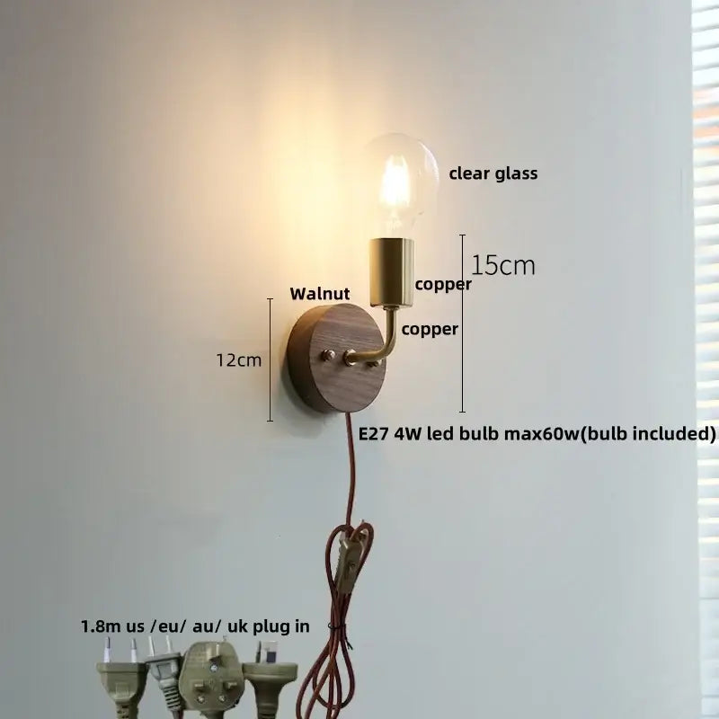 Rustic led walnut wood wall sconce with walnut wood base, copper accents, and clear glass bulb for bedroom decorbites led walnut lighting