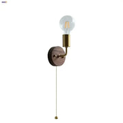 Rustic led walnut wood wall sconce with round walnut base brass arm pull chain and exposed filament bulb for bedroom decor