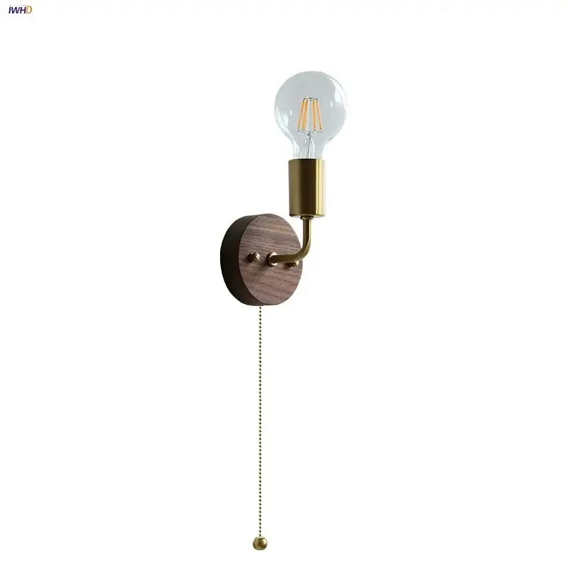 Rustic led walnut wood wall sconce with round walnut base brass arm pull chain and exposed filament bulb for bedroom decor
