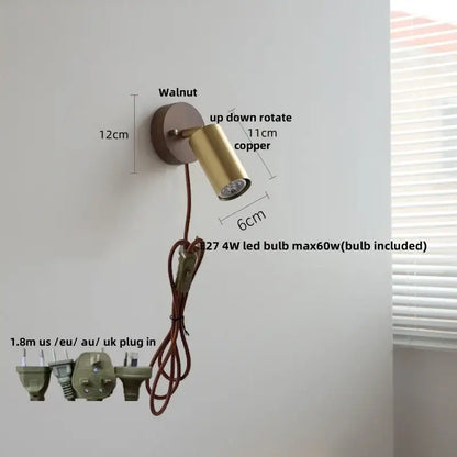 Rustic led walnut wood wall sconce with copper spotlight and walnut base featuring adjustable rotation and 4w led bulb