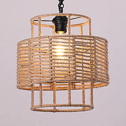 Rustic Lodge 1-Light Beige Roped Cylinder Ceiling Light for Coffee Shops