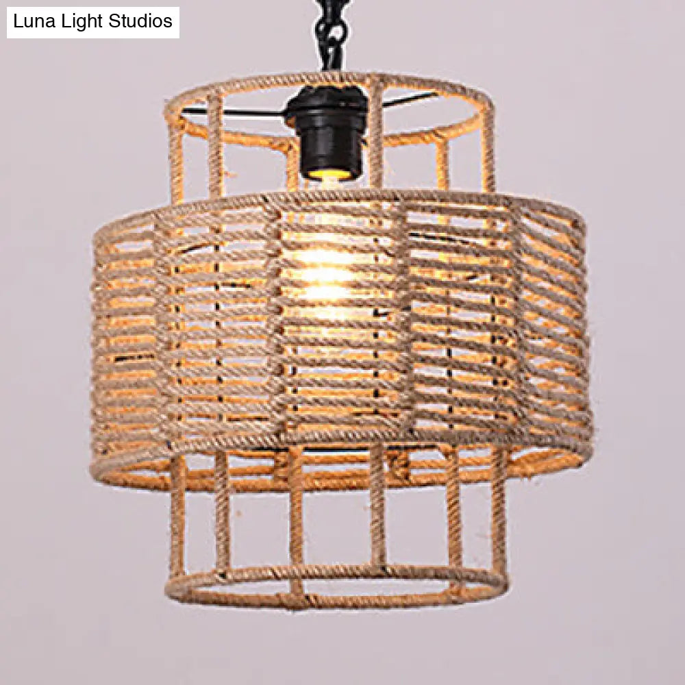 Rustic Lodge 1-Light Beige Roped Cylinder Ceiling Light for Coffee Shops