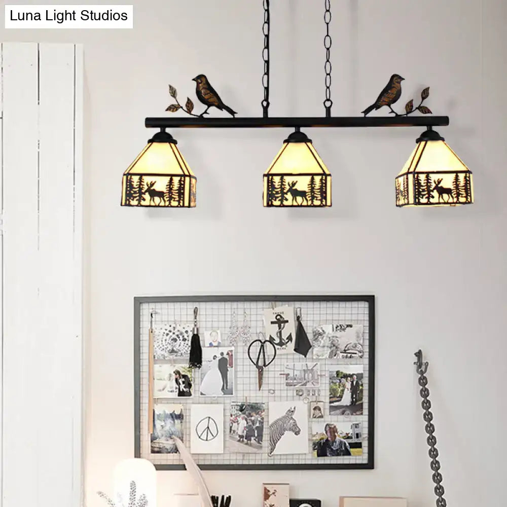 Black wrought iron DecorBites rustic lodge deer island pendant light with 3 stained glass forest shades 220v-240v 110v-120v