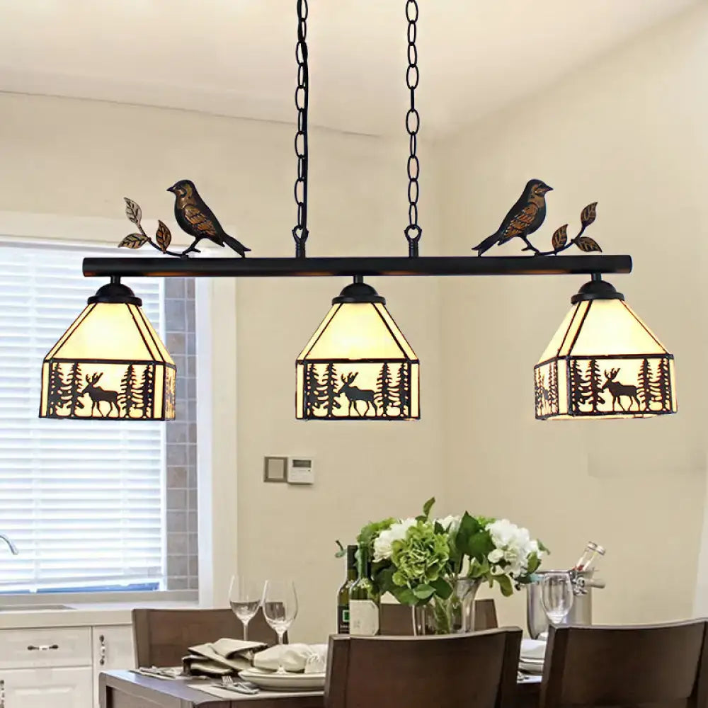 DecorBites™ black wrought iron pendant light with three stained glass shades and bird decorations 220v-240v 110v-120v