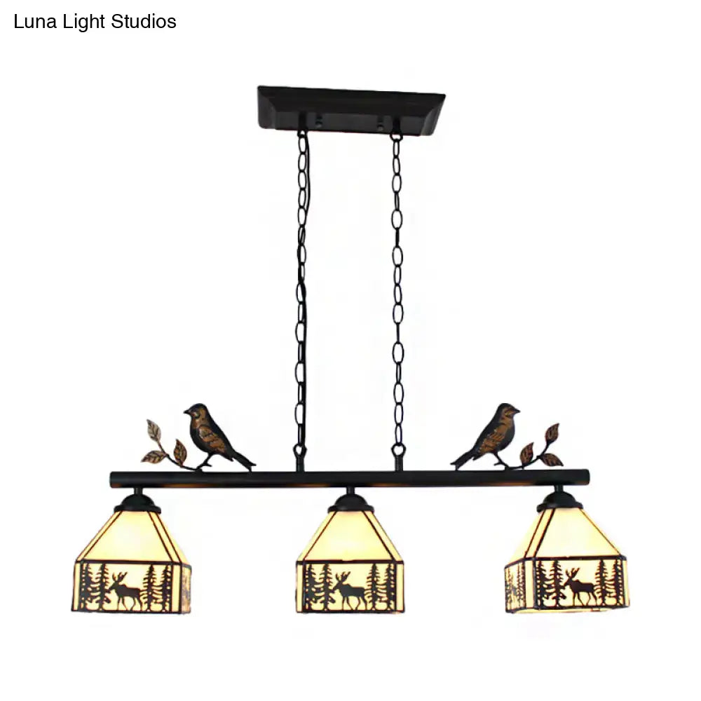 DecorBites™ rustic lodge deer island pendant light with black metal frame amber stained glass and bird figurines 220v-240v 110v-120v