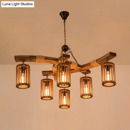 Rustic Lodge Chandelier: Wood Cage Pendant Light with Rope Detail - 6 Bulb Dining Room Ceiling Fixture in Black/Brown