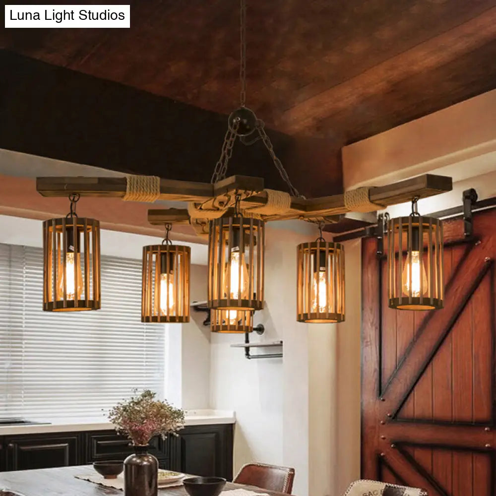 Rustic Lodge Chandelier: Wood Cage Pendant Light with Rope Detail - 6 Bulb Dining Room Ceiling Fixture in Black/Brown