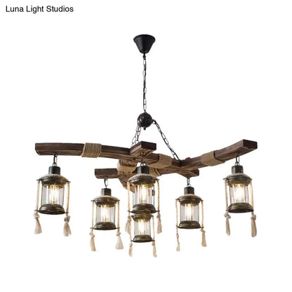 Rustic Lodge Chandelier: Wood Cage Pendant Light with Rope Detail - 6 Bulb Dining Room Ceiling Fixture in Black/Brown