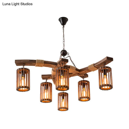 Rustic Lodge Chandelier: Wood Cage Pendant Light with Rope Detail - 6 Bulb Dining Room Ceiling Fixture in Black/Brown