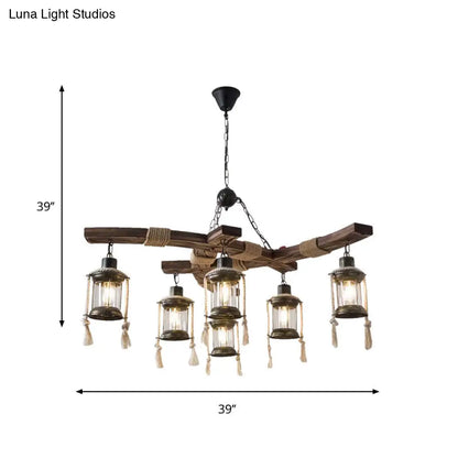 Rustic Lodge Chandelier: Wood Cage Pendant Light with Rope Detail - 6 Bulb Dining Room Ceiling Fixture in Black/Brown