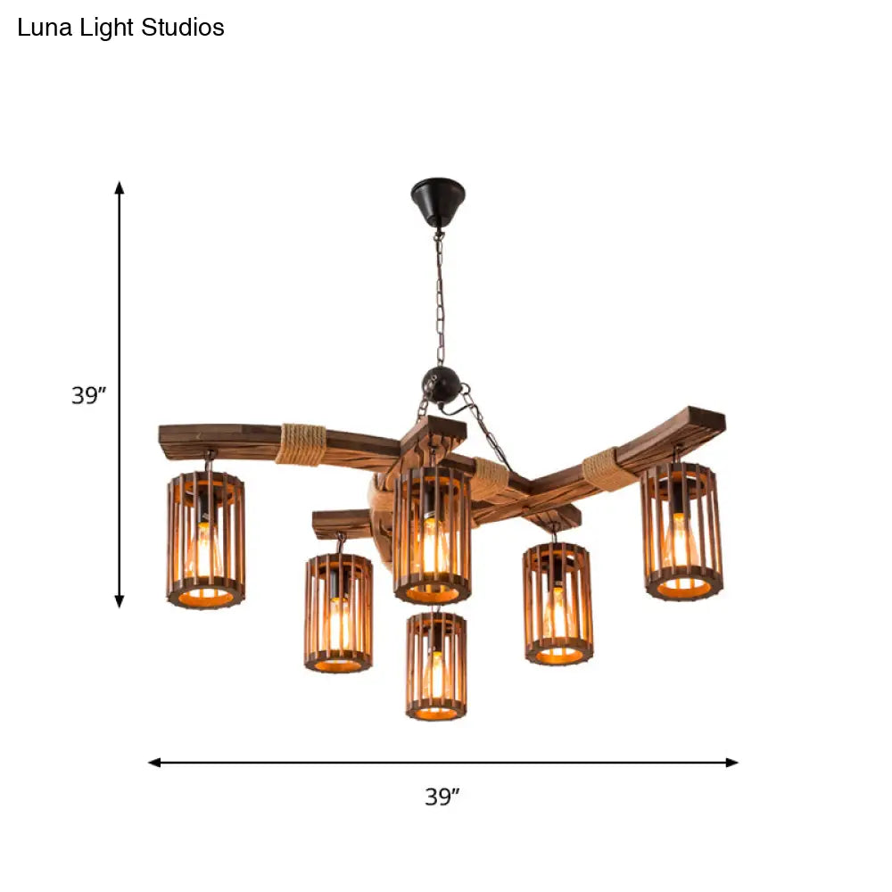 Rustic Lodge Chandelier: Wood Cage Pendant Light with Rope Detail - 6 Bulb Dining Room Ceiling Fixture in Black/Brown