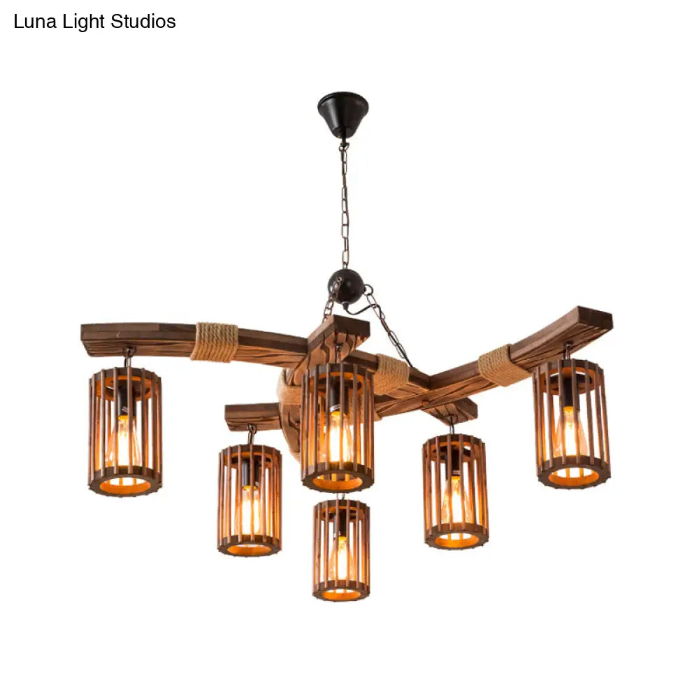 Rustic Lodge Chandelier: Wood Cage Pendant Light with Rope Detail - 6 Bulb Dining Room Ceiling Fixture in Black/Brown