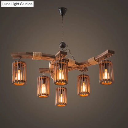 Rustic Lodge Chandelier: Wood Cage Pendant Light with Rope Detail - 6 Bulb Dining Room Ceiling Fixture in Black/Brown