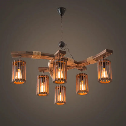 Rustic Lodge Chandelier: Wood Cage Pendant Light with Rope Detail - 6 Bulb Dining Room Ceiling Fixture in Black/Brown