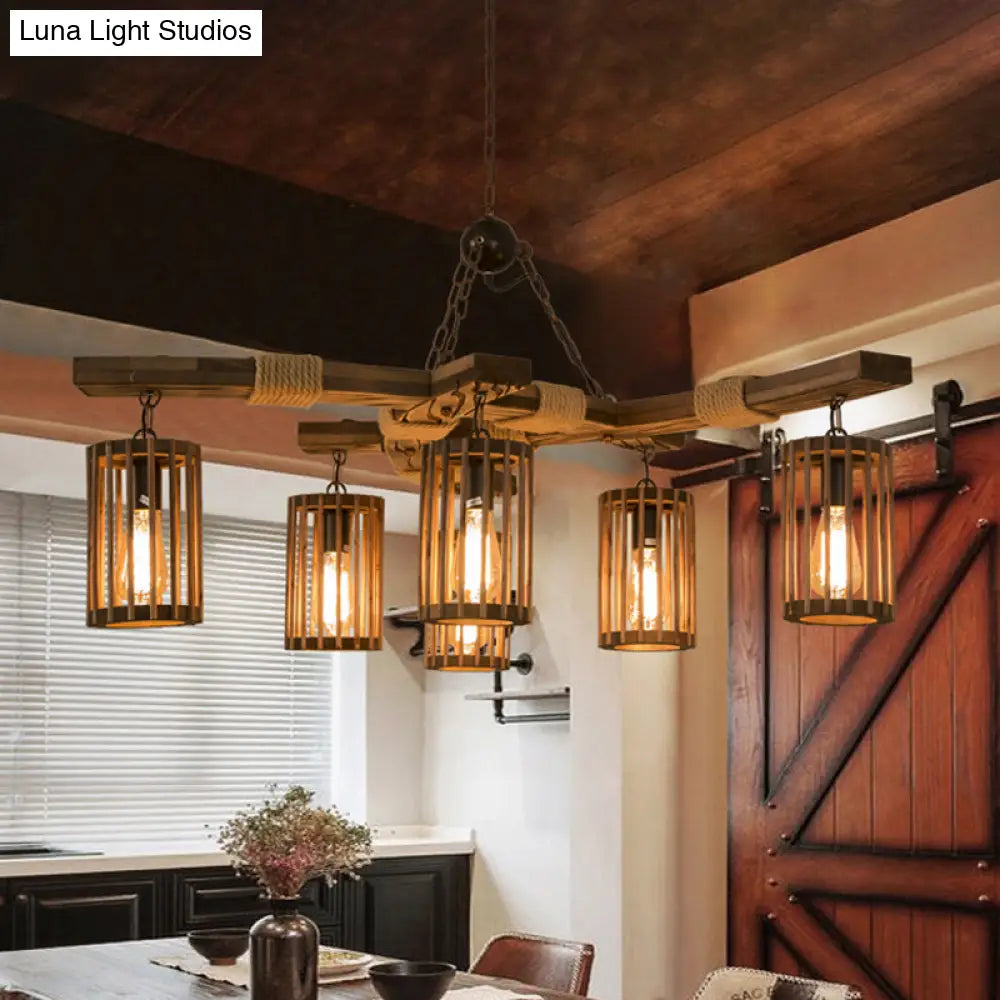 Rustic Lodge Chandelier: Wood Cage Pendant Light with Rope Detail - 6 Bulb Dining Room Ceiling Fixture in Black/Brown