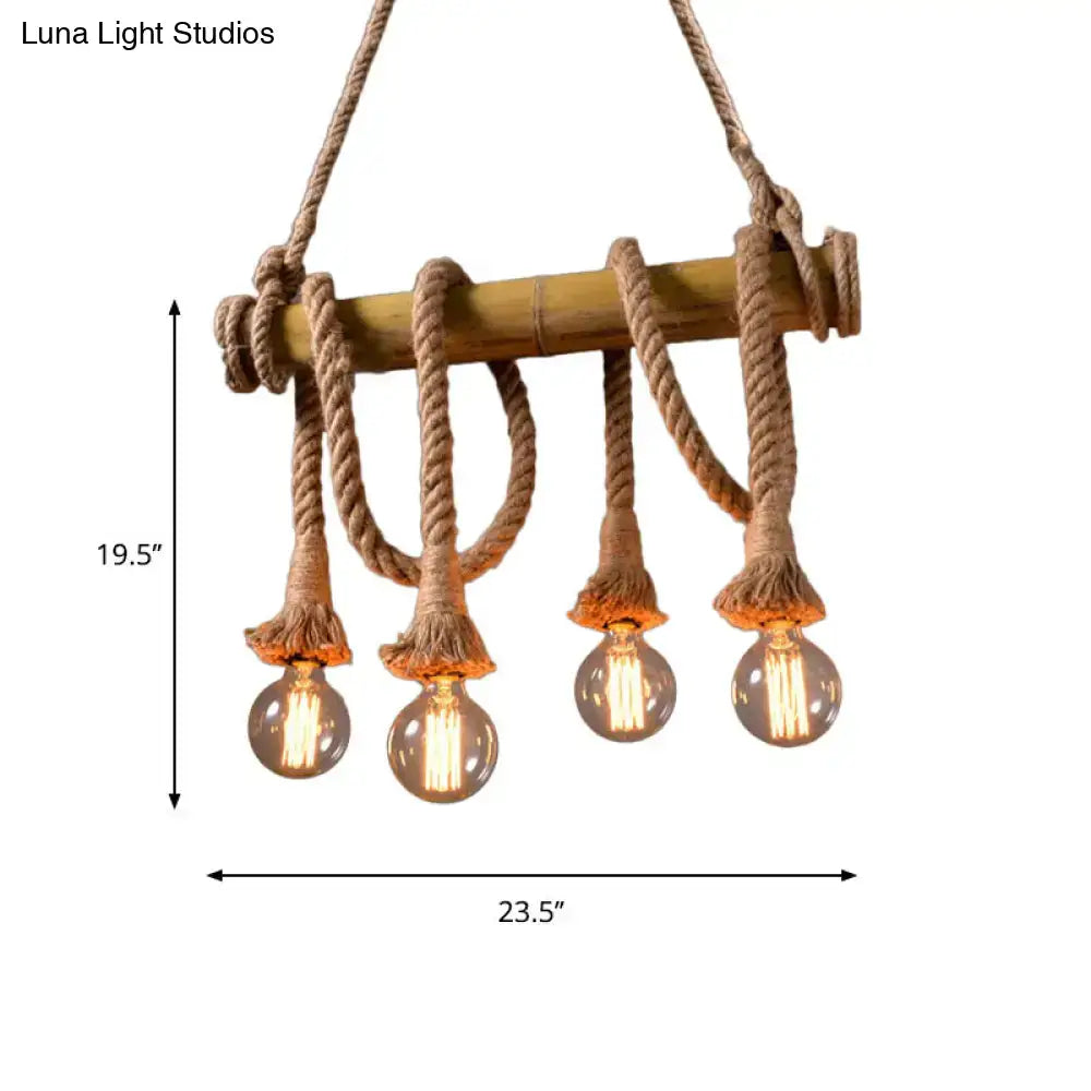 Rustic bamboo island light with thick beige rope suspension and four exposed filament bulbs by decorbites lodge industrial