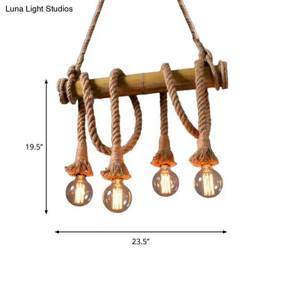 Rustic bamboo island light with thick beige rope suspension and four exposed filament bulbs by decorbites lodge industrial